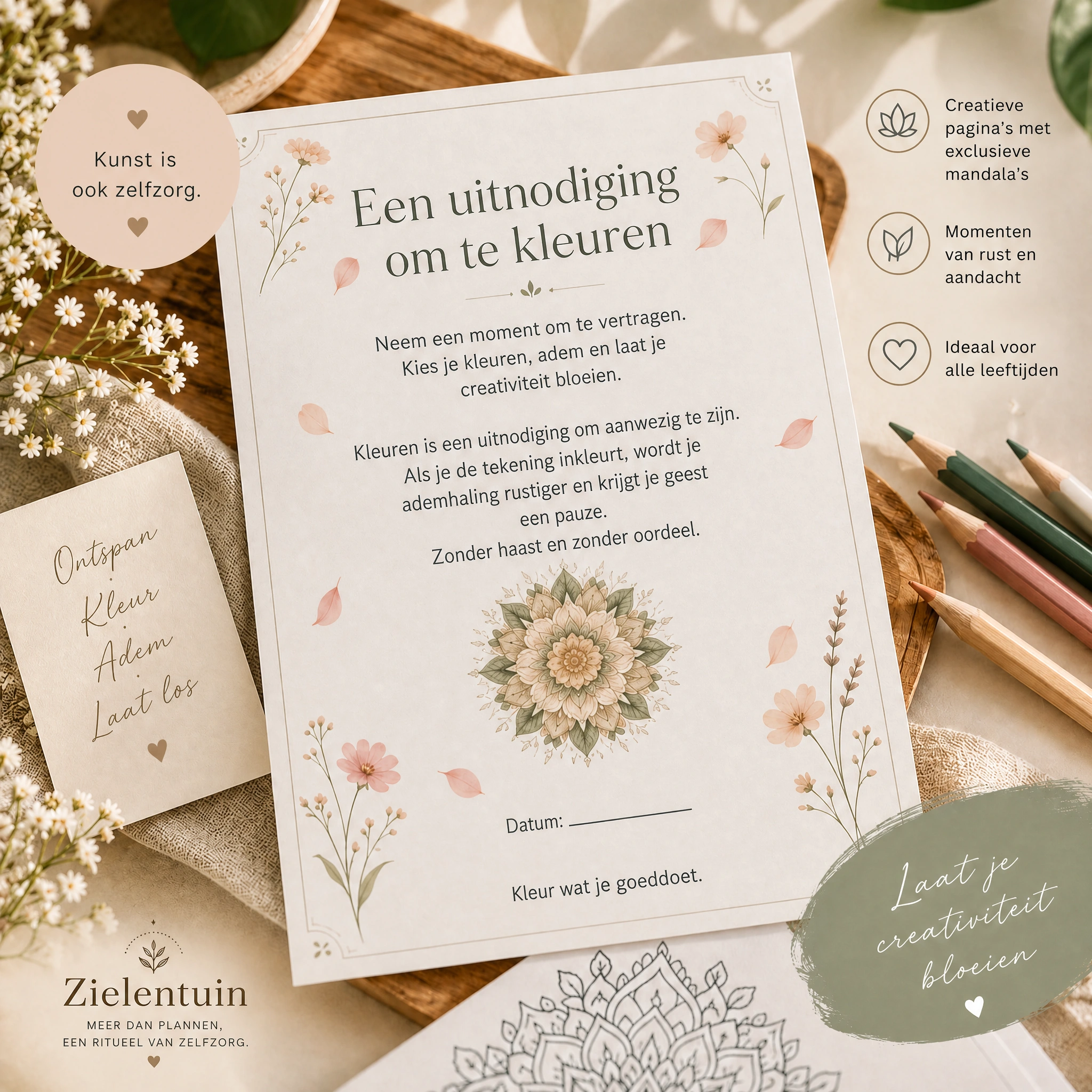Een uitnodiging om te kleuren met mandala en kleurpotloden